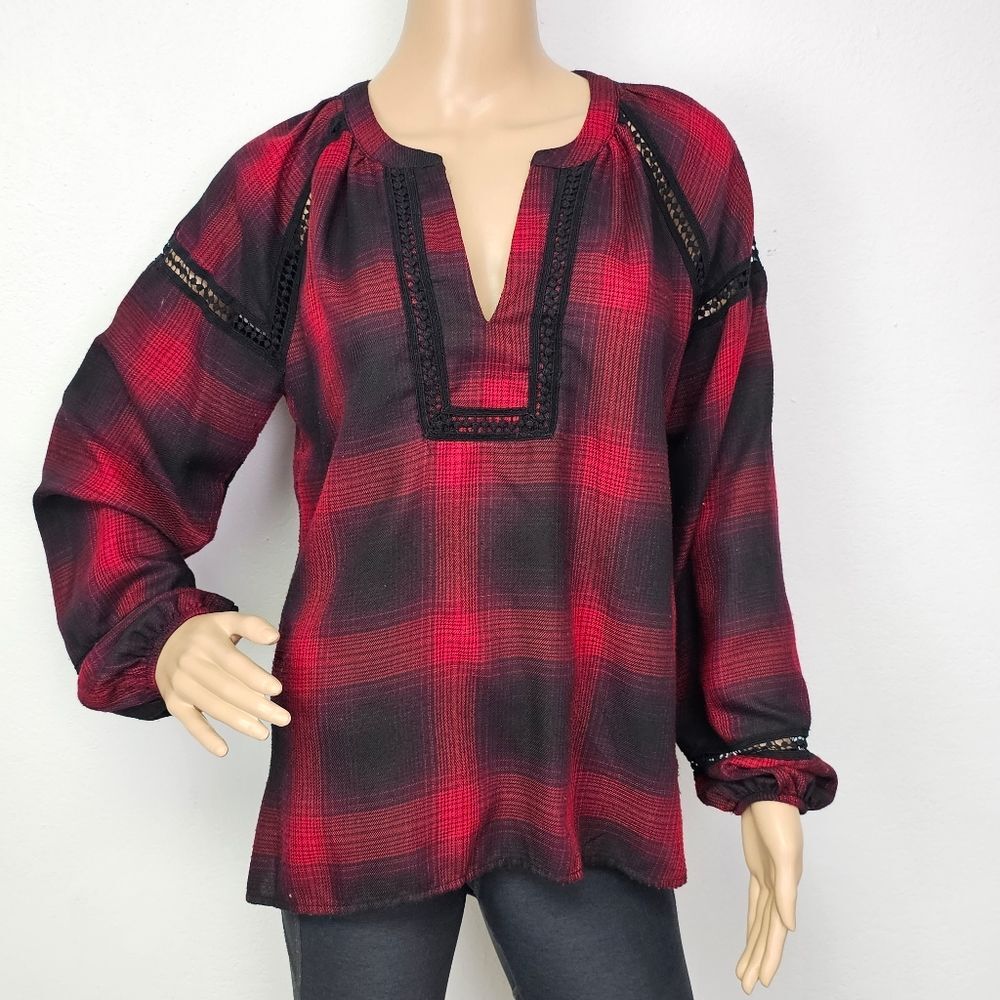 Knox Rose Tunic Red Flannel Plaid Open Lace Trim Sz S Boho Western Country